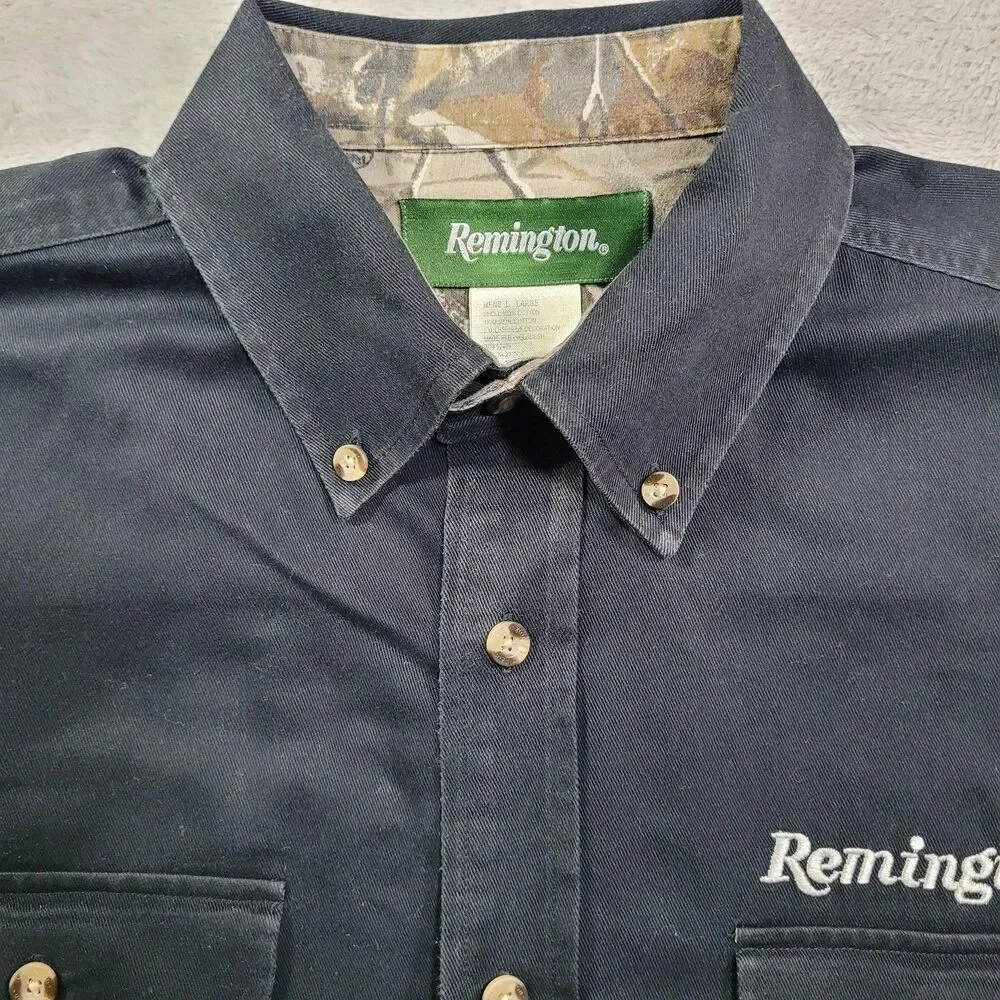Remington Shirt Mens Large Black Long Sleeve Button Down Twill Hunting Camo